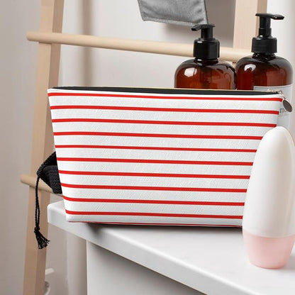 Womens Leather Makeup Bag Cosmetic Bag Travel Toiletry Bags Make Up Bags for Women Adult (White Red Line 2)