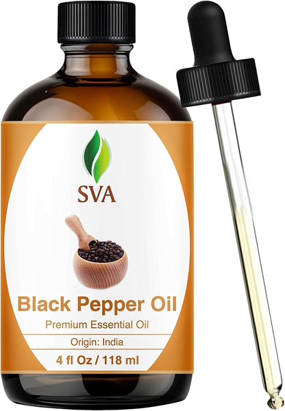 SVA Black Pepper Essential Oil – 4 Fl Oz – 100% Natural Black Pepper Oil - for Diffuser, Hair Care, Face, Skin Care, Aromatherapy, Scalp and Body Massage, Soap and Candle Making – with Dropper