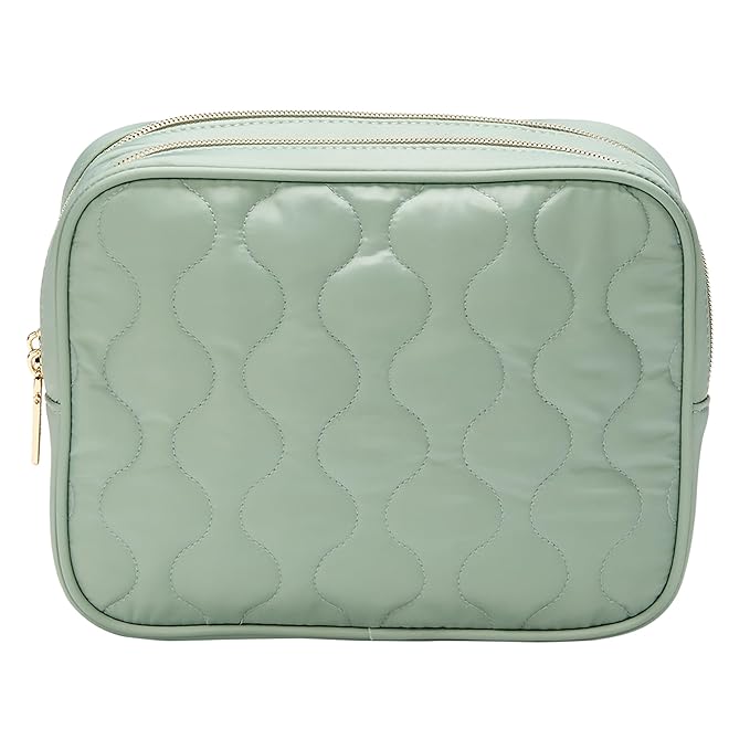 Conair Double-Zip Toiletry Travel Bag, Travel Makeup Bag Organizer, 2 Zippered Compartments, Easy to Clean, 1 Count, Sage Green