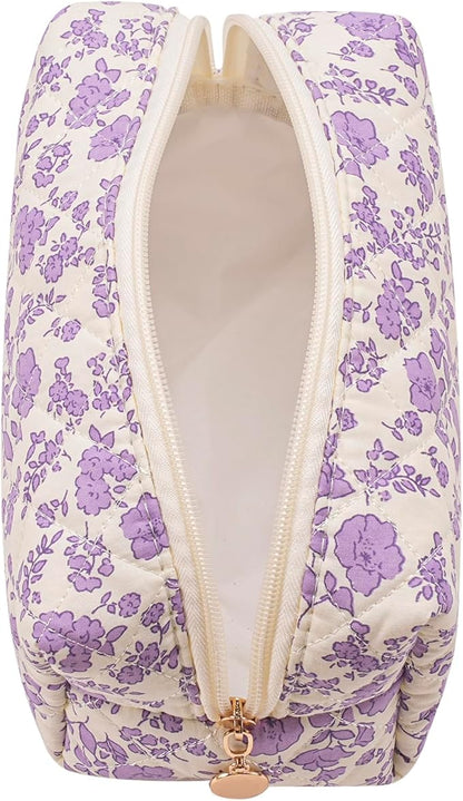 JOVAKIT Square Makeup Bag Cute Cosmetic Bag for Women, Floral Coquette Aesthetic Toiletry Bag, Zipper Make Up Pouch, Travel Make Up Organizer Bag (Blue+Big Purple Floral)
