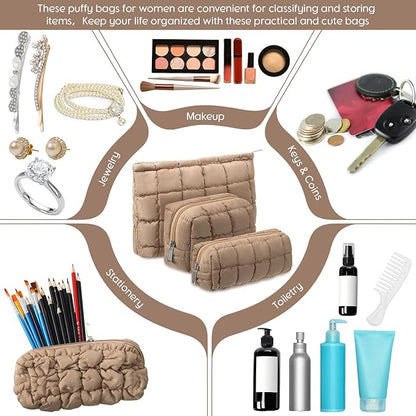 3 Pcs Puffy Makeup Bag Quilted Cosmetic Pouch for Women Cute Checkered Travel Toiletry Bag Puffer Makeup Organizer Purse Pouch Preppy Pencil Case with Zipper (Brown)