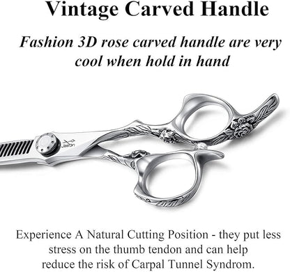 JASON 6" Thinning Hair Scissors 30-Tooth Scissor Barber Hair Cutting Scissor Stylist Salon Trimming Shears with Flower Engraved Offset Handle for Women Men