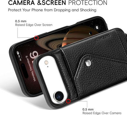 LUCKYCOIN Crossbody Wallet Phone Case for iPhone Air,100% Genuine Leather Wallet Phone Case with Expandable Flip Card Holder,Phone Purse for Women with Adjustable Removable Strap - Pebble Black