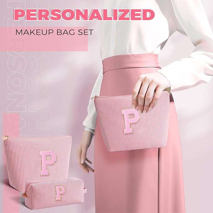 Personalized Makeup Bag for Women Girls - Fashion Cosmetic Bag Trendy Travel Toiletry Bag with Initials Letter - Teen Gifts - Peach,P