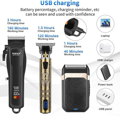 HIENA PRO Professional Cordless Hair Clippers for Men, T-Blade Beard Trimmer & Foil Shaver Set, Barber Clipper Hair Cutting Grooming Kit, Barber kit