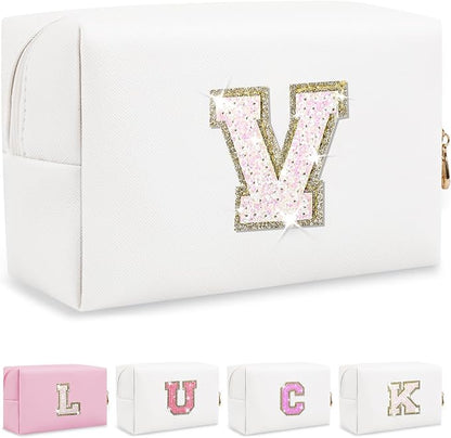 Personalized Initial Patch Makeup Bag, Preppy Glitter Letter Makeup Organizer, Cute Monogrammed Pouch Cosmetic Bag PU Leather Waterproof Travel Toiletry Bag, Gift for Women Teen Girls(Letter V)