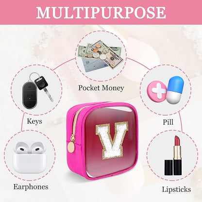 Mini Clear Personalized Initial Makeup Bag,Small Nylon Waterproof Zip Beach Cosmetic Pouch,Preppy A-Z Chenille Letter Patch Cute Coin Purse Travel Toiletry Bag Car Pack Bag for Women(Hot Pink-White V)