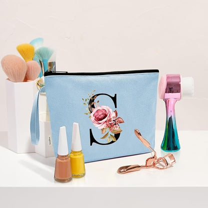 Vavabox A-Z Personalized Makeup Bag, Birthday Gifts for Women Mom, Gifts for Best Friend, Bride Bridesmaid Cosmetic bag (S, Blue)