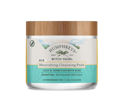 Humphreys Witch Hazel Nourishing Cleansing Pads | Wild Harvested Witch Hazel & Aloe | Hydrating, Natural Alcohol-Free Formula | 60 Rounds