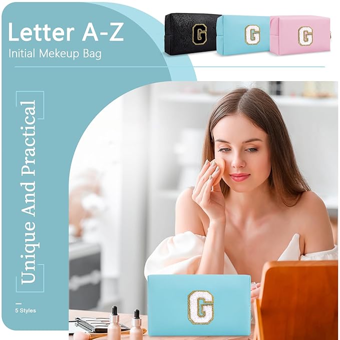 Small Personalized Initial A-Z Preppy Patch Makeup Bag,PU Chenille Letter Travel Cosmetic Pouch with Zipper,Blue Cute Toiletry Bag,Gift Ideal for Teen Girls Women Teacher Bridesmaid,Letter G