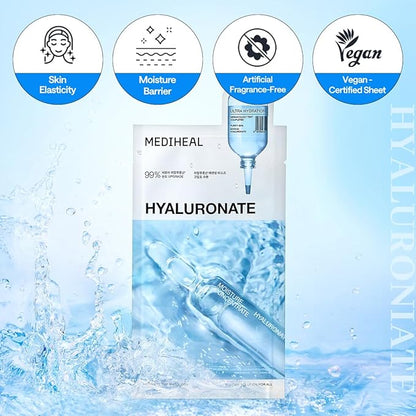 Mediheal Essential Mask (10pcs, Hyaluronate) 98% Pure Hyaluronic Acid for Long-lasting Hydration, Deep Skin Absorption & Moisture Barrier Vegan formula