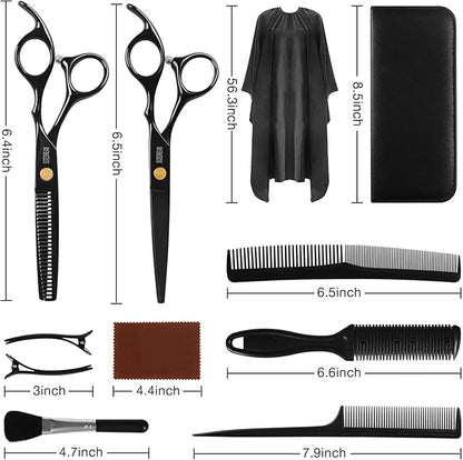 11-Piece Hair Cutting Scissors Kit - Professional Set with Thinning Scissors, Comb, Cape, Clips, Brush, Leather Bag for Barber, Salon, Home