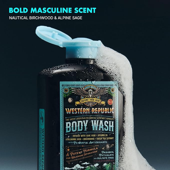 Men's Body Wash | Nautical Birchwood & Alpine Sage Scent and | Hydrating & Anti-Aging Formula with Aloe, Niacinamide & Hyaluronic Acid (2 Pack) | Made in USA