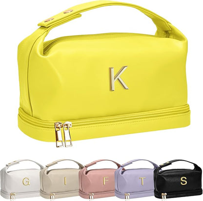 Gifts for Young Women, Personalized Makeup Bag with Handle, Initial Double Layer Cosmetic Bag with Makeup Brush Organizer, Cute Cosmetic Pouch for Women, Gifts for Friends Female Mom