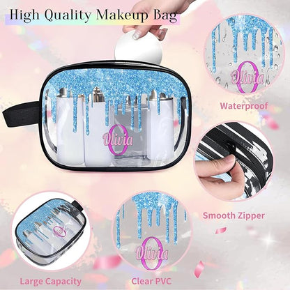 Custom Makeup Toiletry Bag, Personalized Clear Travel PVC Cosmetic Organizer Case Portable Bag with Zipper, Light Sky Blue Fluid Shape Sparkly Glittery
