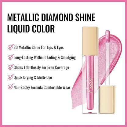 Oulac Pink Metallic Lipstick for Women, Long Lasting Lip Gloss Waterproof, Lips & Eye 2 IN 1 Lip Makeup, High Impact Lip Color, 3D Metallic Finish, No Transfer, Vegan MD08