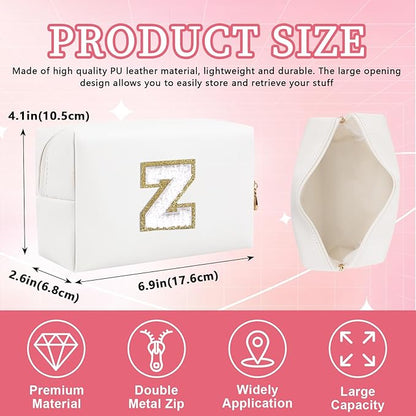 Personalized Initial Letter Patch Makeup Bag, Preppy Portable Chenille Letter Cosmetic Bag with Zipper, PU Leather Waterproof Travel Toiletry Bag Monogram Make Up Pouch for Women Girls(Letter Z)