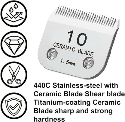 2 Pack Size 10# Detachable Clipper Ceramic Blades, Dog Grooming Clipper Replacement Blades Compatible with Andis Dog Clippers, Wahl KM Series Clippers, Oster A5, Cut Length 1/16"(1.5mm) Silver