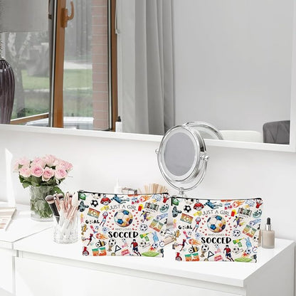 2pcs Soccer Makeup Bags for Women, Canvas Soccer Gifts Cosmetic Bag Pouch Accessories for Players Teams Stuff, Sport Team Birthday Gifts for Soccer Lovers Her Friends Women