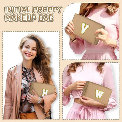 TOPEAST Monogrammed Gifts for Women, Preppy Makeup Bag Small Cosmetic Bag Travel Toiletry Bag, Personalized Birthday Gift for Girl, Wedding Bridal Shower Gifts for Bridesmaids (Khaki M)