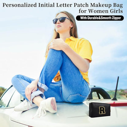 Iqimott Personalized Initial Letter Patch Makeup Bag Preppy Portable Chenille Letter Cosmetic Bag Zipper PU Leather Waterproof Travel Toiletry Bag Monogram Make Up Pouch Women Girls(Letter R)