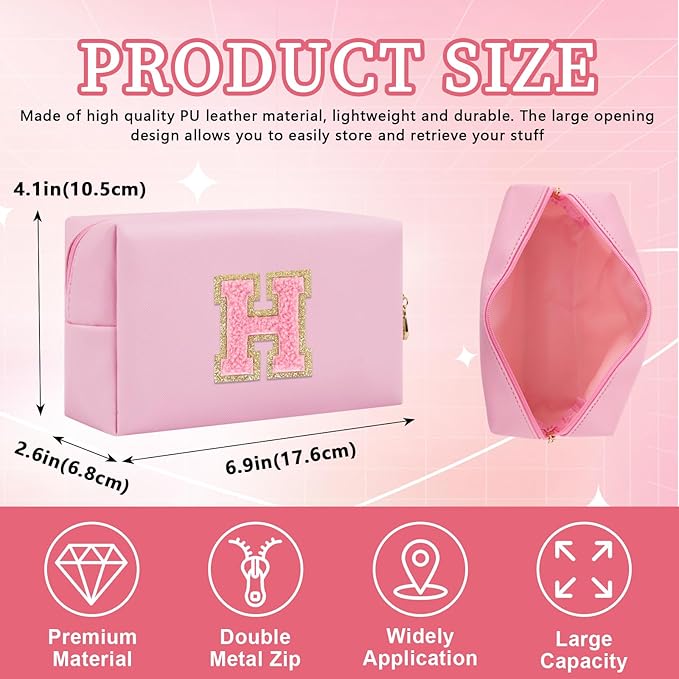 Personalized Initial Letter Patch Makeup Bag, Preppy Small Chenille Cosmetic Bag with Zipper, PU Leather Waterproof Travel Toiletry Bag Monogram Make Up Pouch for Women Girls