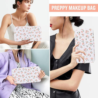 Nylon Small Floral Makeup Bag for Purse, Cute Preppy Travel Makeup Bag Flower Cosmetic Zipper Pouch Purse, Waterproof Toiletry Bag Make Up Organizer Storage Travel Essentials for Women(White-Floral)