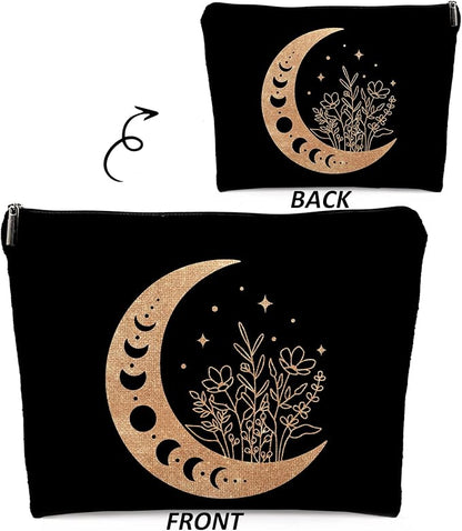 Boho Floral Celestial Crescent Moon Phase Makeup Bag, Mystical Crescent Moon Linen Makeup Travel Toiletry Bag, Abstract Floral Moon Cosmetic Bag Gifts For Girls Women Daughter Sister