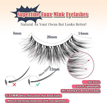 Natural Cat Eye Lashes Wispy Eyelashes 14mm Lightweight False Eyelashes 3D Volume Natural Strip Lashes 0.1mm Thin Cotton Band Lashes Pack C Curl Soft Lashes 7 Pairs Siligli