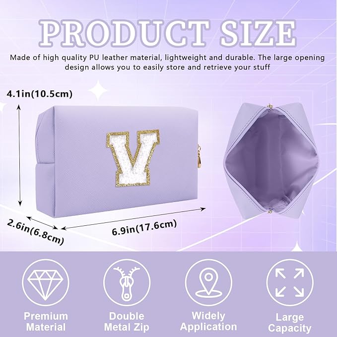 Iqimott Personalized Initial Letter Patch Makeup Bag, Preppy Small Chenille Letter Cosmetic Bag with Zipper, PU Leather Waterproof Travel Toiletry Bag Monogram Make Up Pouch for Women Girls(Letter V)