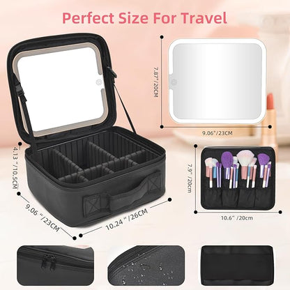 Travel Makeup Bag with LED Mirror,Removable Mirror with 3 Color Modes,Portable makeup travel organizer for Women,Makeup Case with 8 Adjustable EVA Dividers,Cosmetic Train Case with Lighted Mirror