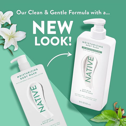 Native Moisturizing Body Wash Contains Naturally Derived Ingredients | For Women & Men, Sulfate, Paraben, & Dye Free Leaving Skin Soft and Hydrated | Lily Milk & White Sage 18 oz