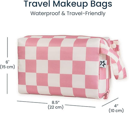Tiny Twinkle Waterproof Travel Toiletry & Makeup Bag Organizer | Large Capacity Cosmetic Case with Compartments & Handle, A Thoughtful Travel Companion for Women（Pink Checkers