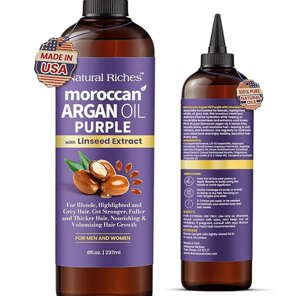 Natural Riches Moroccan Argan Oil Purple, Anti-Brass Hair Treatment with Linseed Extract for Silver Blonde Platinum Hair removes Yellow & Brass tones. Grey Highlighted Hair 8 fl oz