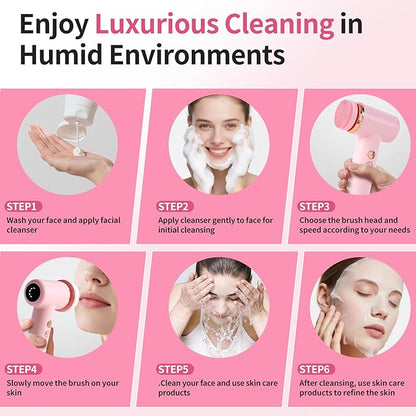 4 in 1 Facial Cleansing Brush, Multi Function Electrical Face Wash, Brush IPX6 Waterproof Portable Face Scrubber, 5 Speed Adjustable, 2 Rotation Directions Adjustable, Gift for Women Men (Pink)