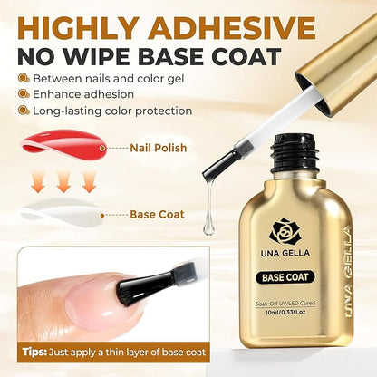 UNA GELLA No Wipe 2PCS Gel Top Coat Base Coat Set, Highly Glossy Top Coat Gel Nail Polish Strengthen and Acid-Free Clear Nail Base Soak Off, Key to Manicure for Her (U V Cure Need)