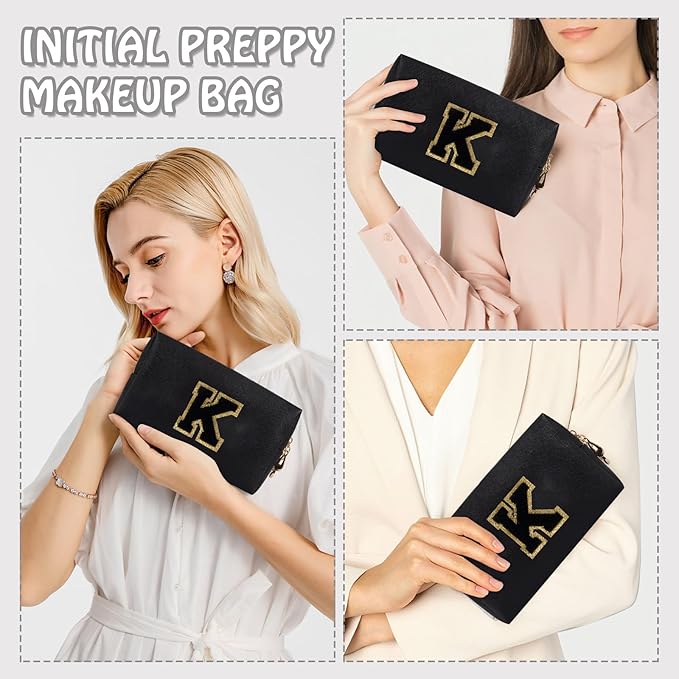 Personalized Small Preppy Makeup Bag, Chenille Letter Black Initial Cosmetic Zipper Pouch Toiletry Organizer, Waterproof PU Leather Make Up Storage Travel Essentials for Female Girl Teacher(Letter K)