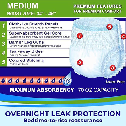 LivDry M Overnight Adult Diapers for Women and Men, Incontinence Underwear, Medium, 68-Pack
