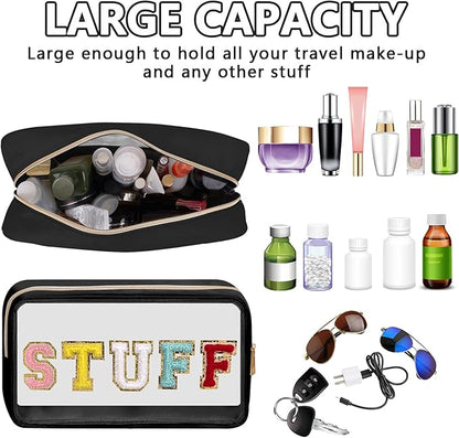 Iqimott Clear Patch Makeup Bag Stuff Pouch, Preppy Personalized Chenille Letter Cosmetic Pouch for Travel, Nylon Waterproof Organizer Travel Essentials Zipper Toiletry Bags for Women Girls(Black)