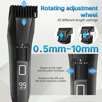 Beard Trimmer for Men, 20 Length Adjustable, Cordless Waterproof Clippers, Stainless Steel T-Blade for Precision Facial Hair Trimming with 2 Guide Combs, Travel Lock, LED Display