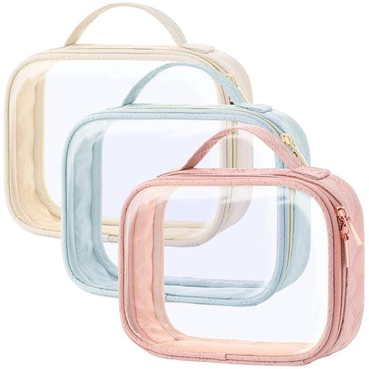 PACKISM TSA Approved Toiletry Bag, 3 Pack Clear Makeup Bags with Handle Large Opening, Clear Toiletry Bags Fit Carry-on Travel Essentials, Quart-sized Travel Bags for Toiletries, Multicolor