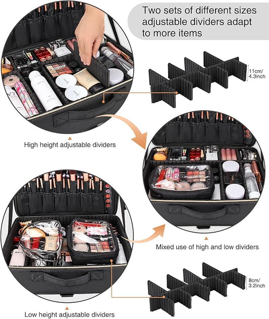 Relavel Extra Large Makeup Case Travel Makeup Bag Professional Leather Artist Bag Portable Cosmetic Brush Holder Organizer Nail Organizer Box with Adjustable Dividers