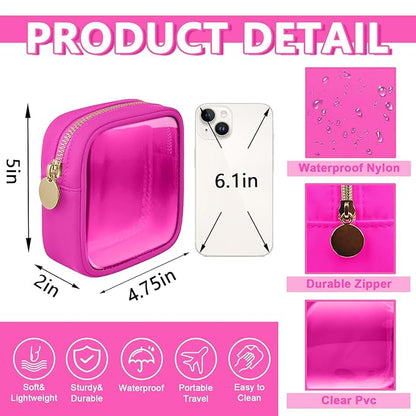 Clear Mini Makeup Bag, Small Nylon&PVC Cosmetic Travel Bag TSA Approved Toiletry Bag with Zipper, Preppy Transparent Coin Purse for Women Men Girls(Mini-Hot Pink)