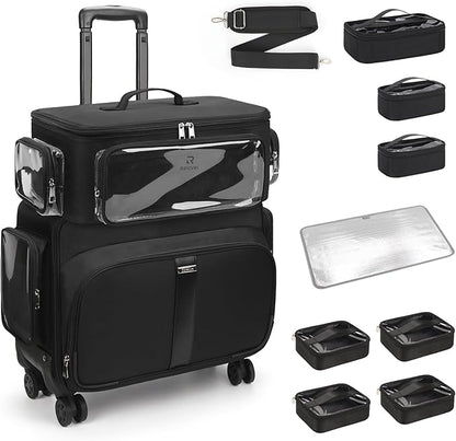 Rolling Makeup Train Case with Large Makeup Case，Professional Makeup Artist Traveling Bag with 7 Small Clear Bags, Cosmetology Case on Wheels, Adjustable Dividers for Cosmetics Makeup Brushes Toiletry