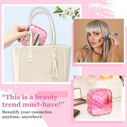 Mini Clear Travel Makeup Organizer Bag for Purse, Small Cute Preppy Pink Makeup Bag Cosmetic Zipper Pouch Purse, Transparent PVC & Nylon Waterproof Toiletry Storage Clutch for Women Girls(Pink Heart)