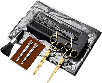 Hair Cutting Scissors Kit 11PCS, Professional Haircut Scissors with Japanese Stainless Steel Shears, Thinning Shears, Haircut Accessories in Leather Case for Salon/Home (Gold)