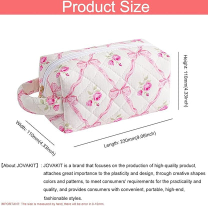 JOVAKIT Travel Makeup Bag Cosmetic Bag for Women, Christmas Gifts, Small Floral Flowers Coquette Toiletry Bag with Handle, Zipper Make Up Pouch Organizer Bag Trendy Stuff (Pink Bowknot)