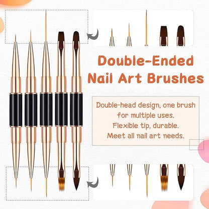 5Pcs Nail Art Bushes Set Double-Ended Professional Gel Polish Nail Art Design Painting Tools Nail Art Liner Brush (5/7/9/11/15/20mm) for Nails Detail, Long Lines, Ombre, Drawing(Black)