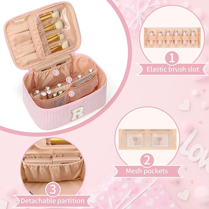 OCHEAL Makeup Bag for Women, Monogram Cosmetic Bag with Brush Holder, Pink Travel Makeup Case Beauty Toiletry Bag Organizer Personalized Gifts for Girls Bridesmaid, Sister, Wife, Friends Initial R