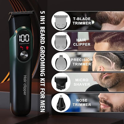 RUIBO Hair Clippers for Men Professional 5 in 1 Cord/Cordless Beard Nose Ear Body Grooming Hair Clipper Trimmer with Smart Charge Technology (Green)